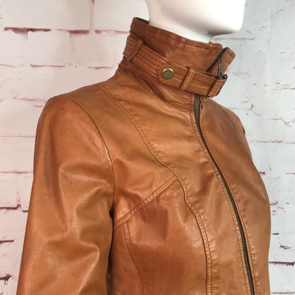 ANDREW MARC XS Caramel Brown British Cafe Racer Leather Moto Jacket Size XS - Picture 5 of 16